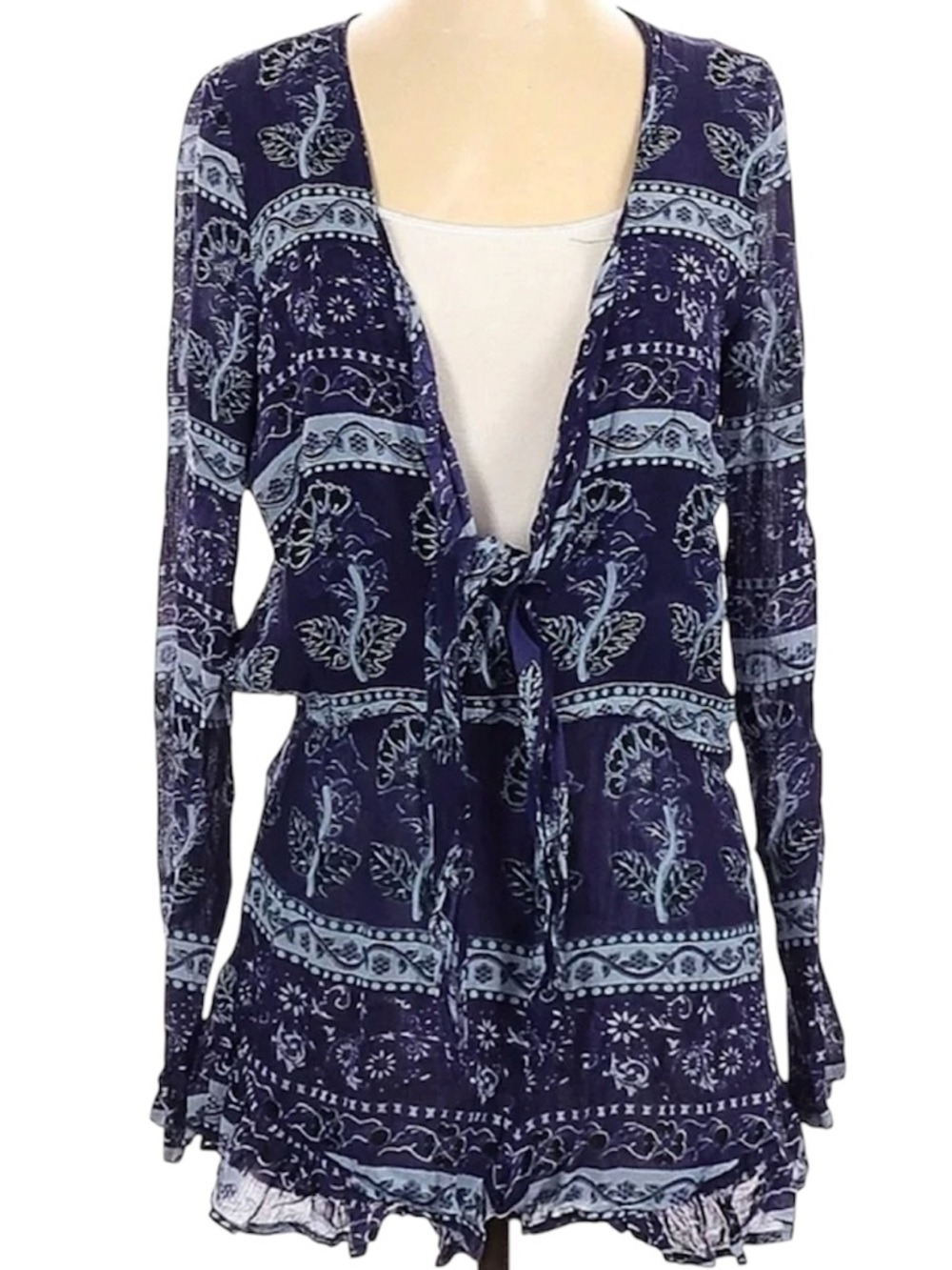 RAGA Paisley Print Tie Front Romper Navy Blue Sleeve Size Small